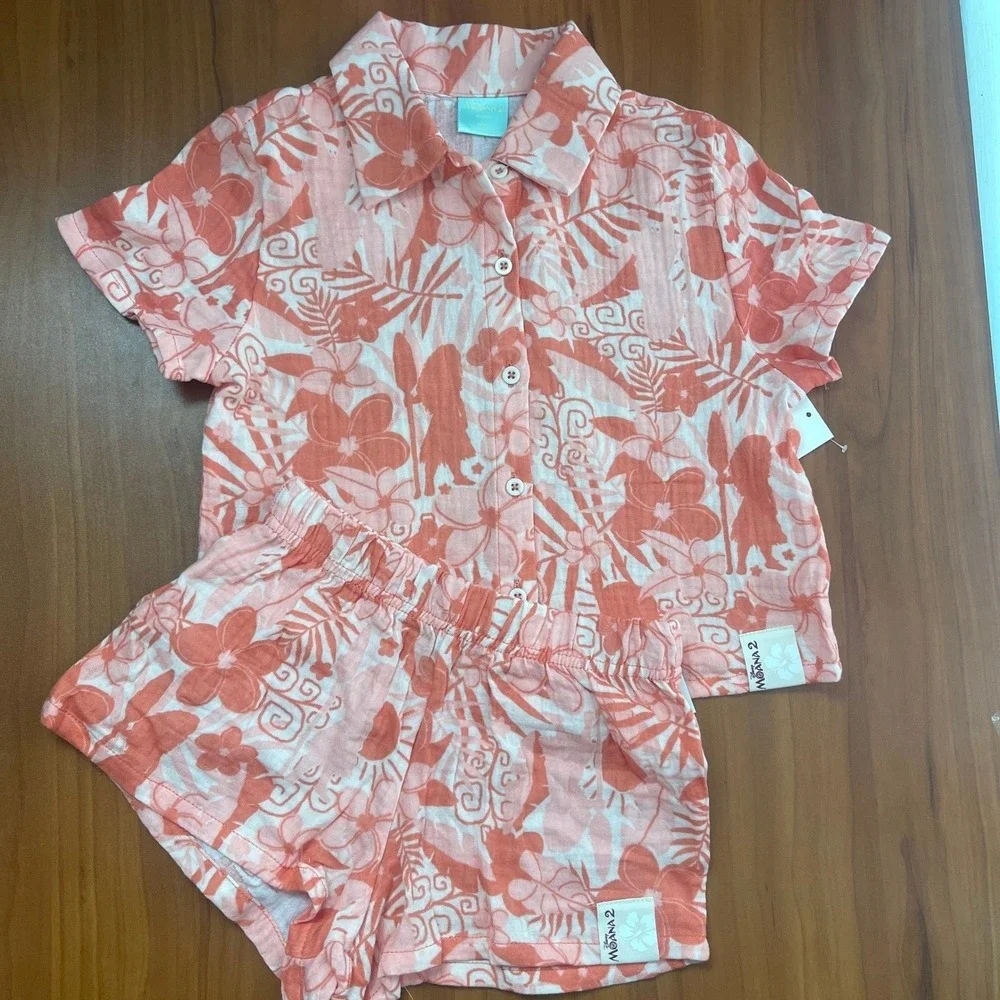 2-Sets Bluey and Moana Girls Cotton Gauze Shirt & Shorts Sets Cotton XL Size 14